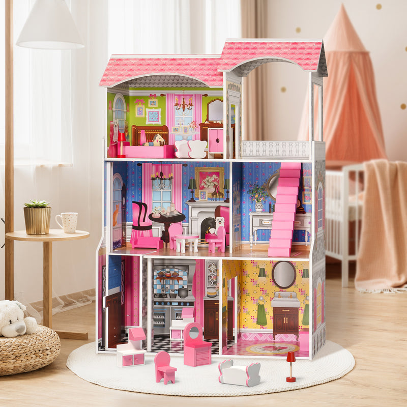 Classic Wooden Dollhouse Pretend Play Toys for Girls & Toddlers