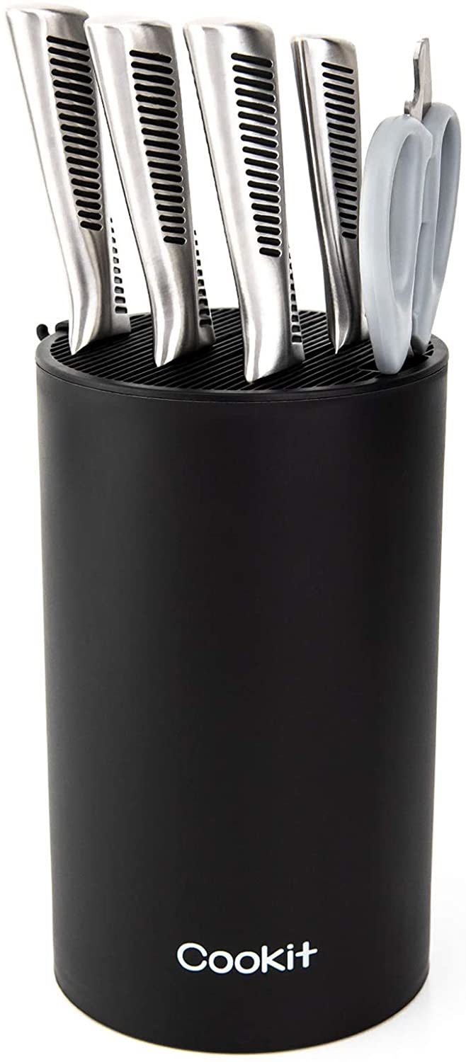 Knife Block Holder, Universal Knife Block without Knives, Unique Double-Layer Wavy Design, Round Black Knife Holder for Kitchen, Space Saver Knife Storage with Scissors Slot
