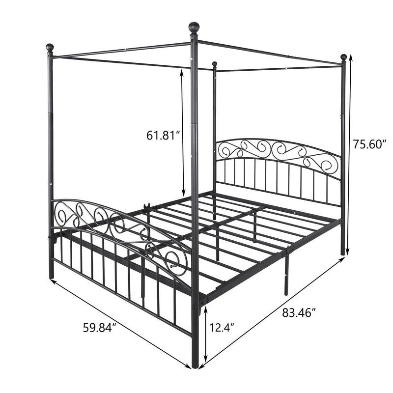 Metal Canopy Bed Frame with Ornate European Style Headboard Footboard Sturdy Steel Holds 600lbs Perfectly Fits Your Mattress Easy DIY Assembly All Parts Included, Queen Black