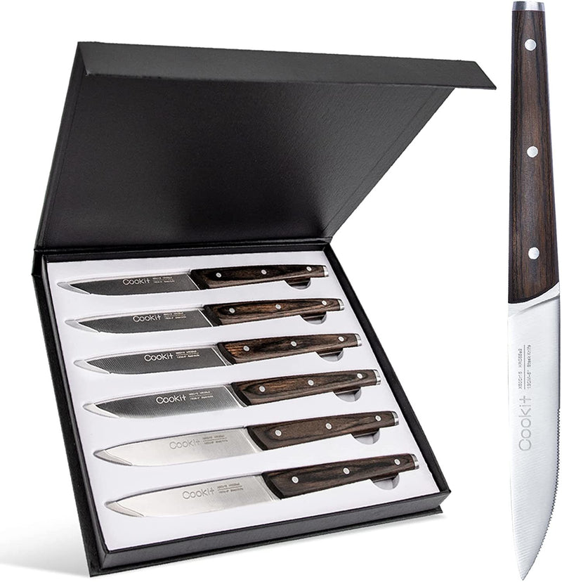 6Pcs Steak Knife Set Serrated Stainless Steel Utility with Wooden Handle for Home Dining Restaurant