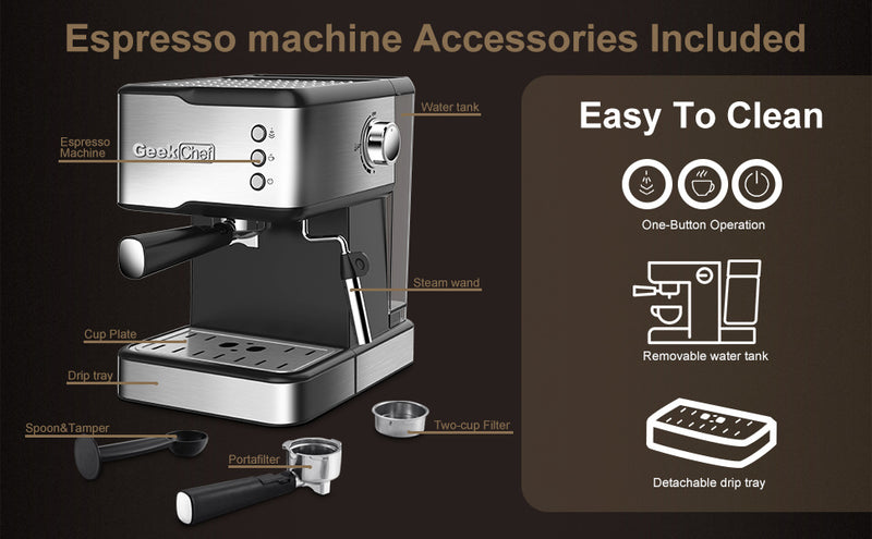 Geek Chef Espresso Machine; Espresso and Cappuccino latte Maker 20 Bar Pump Coffee Machine Compatible with ESE POD capsules