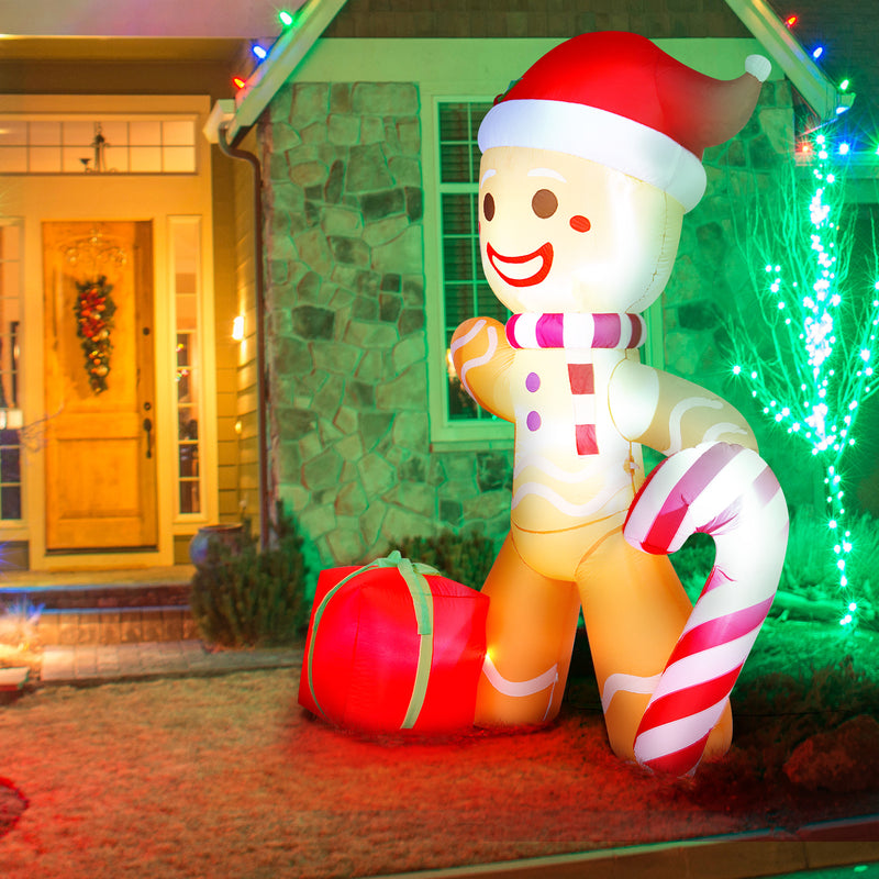 8FT Christmas Inflatable Decorations Gingerbread Man with Santa Hat LED Lights Blow Up