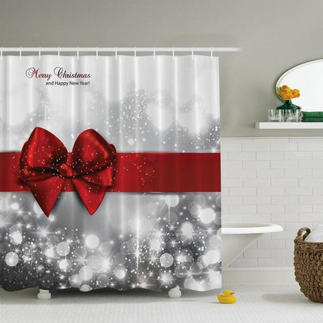 Christmas Shower Curtain Set Red Bow knot Printed Pedestal Rug Lid Toilet Cover Mat