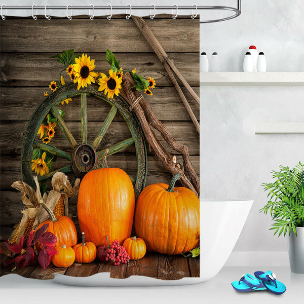 Thanksgiving Autumn Pumpkin Wheel Bathroom Shower Curtain Set Waterproof Fabric