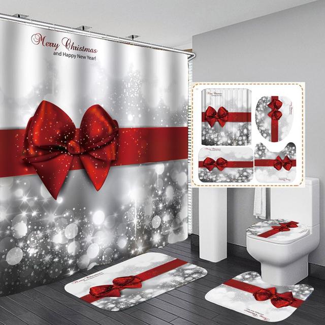 Christmas Shower Curtain Set Red Bow knot Printed Pedestal Rug Lid Toilet Cover Mat