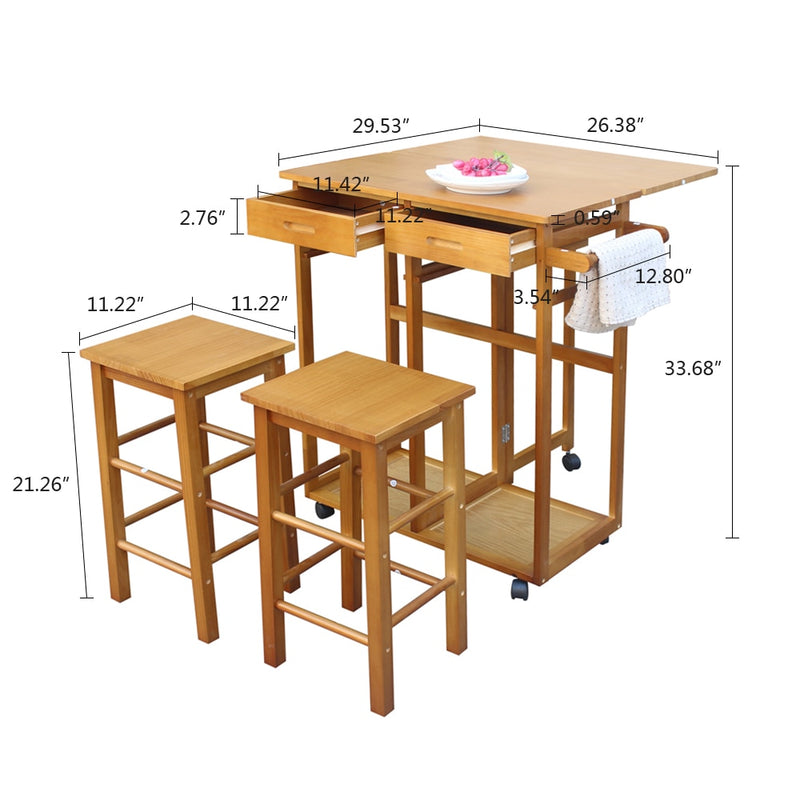 Square Solid Wood Folding Dining & Kitchen Cart with Stools Brown FREE SHIPPING