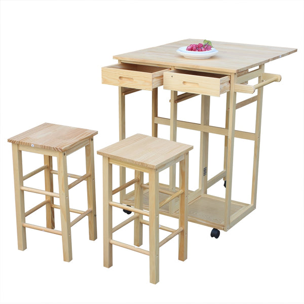 Folding Dining & Kitchen Cart with 2 Free Stools Natural Wood FREE SHIPPING