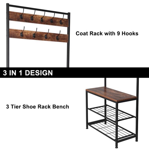 Coat And Shoe Rack with Shelf Hall Tree Entryway Shoe Bench Storage Organizer Industrial Metal Frame  FREE Shipping