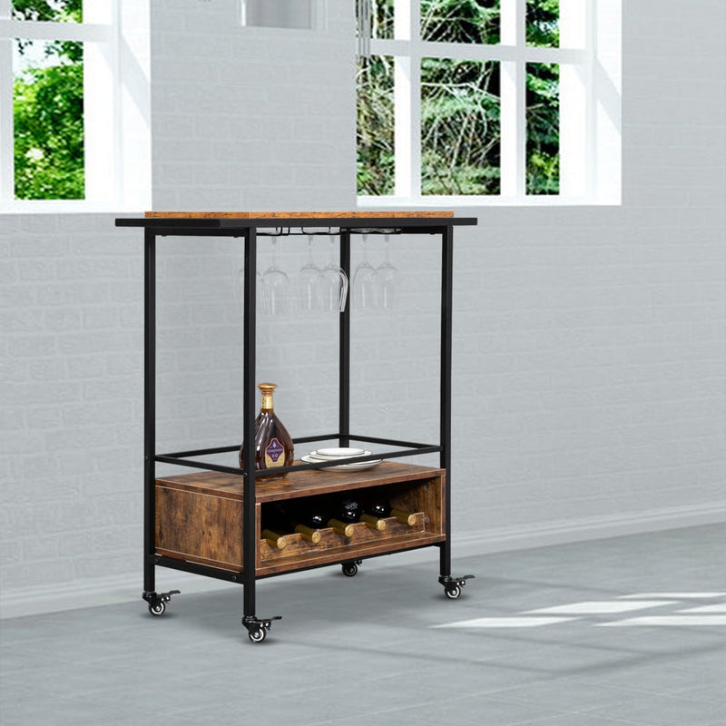 Dining Wine & Bar Cart Double-Armrest Black Paint Wood Grid Fire Pattern FREE SHIPPING