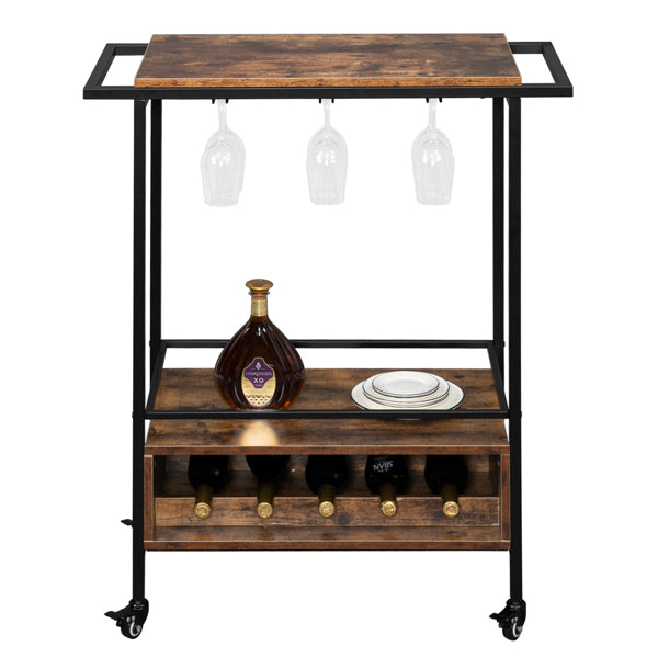 Dining Wine & Bar Cart Double-Armrest Black Paint Wood Grid Fire Pattern FREE SHIPPING