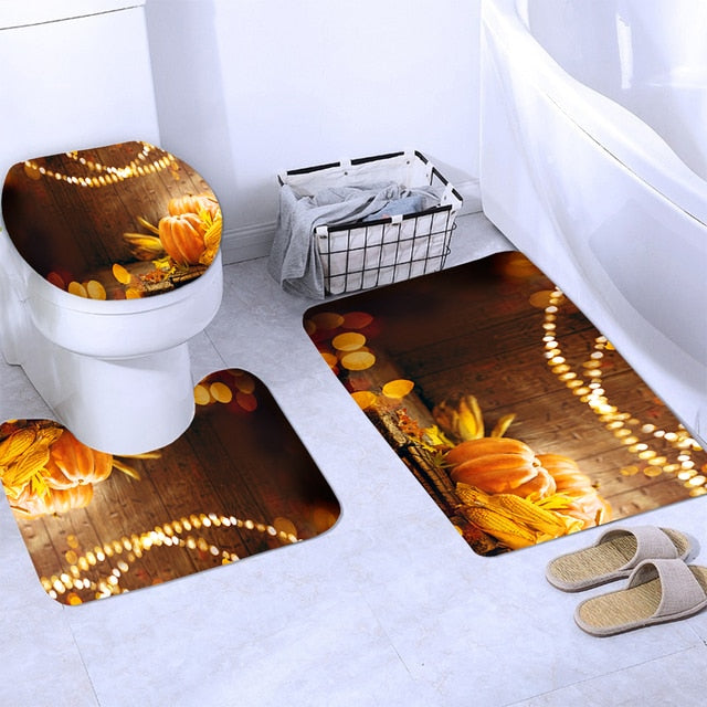Thanksgiving Shower Curtain Set Party Festival Decoration Toilet Lid Cover Non-Slip Mat Bath Rugs