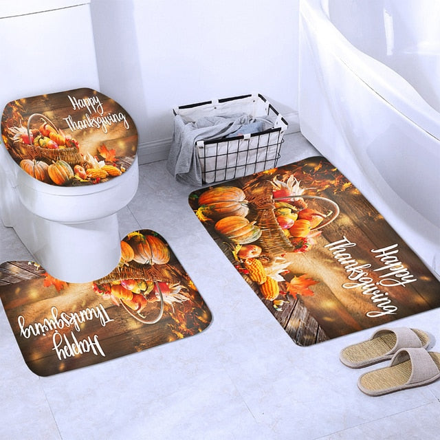 Thanksgiving Shower Curtain Set Party Festival Decoration Toilet Lid Cover Non-Slip Mat Bath Rugs