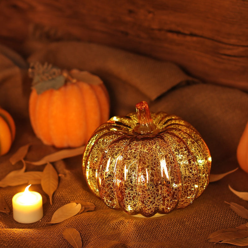 GiveU Mercury Glass Antique Pumpkins LED Light with Timer for Autumn Thanksgiving Day Decor, Golden