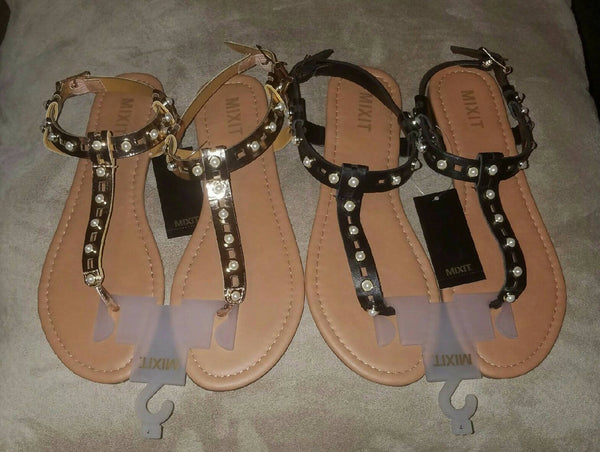 Buy Online High Quality NWT 2 PAIR of WOMENS T-STRAP SANDALS, ROSE GOLD & BLACK w/ PEARL ACCENTS size 7 - My Neighbor's Stuff LLC